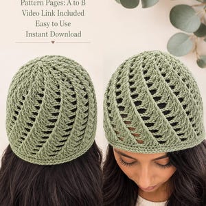 May include: A sage green crochet beanie featuring a spiraling, openwork stitch pattern. The text above reads: Pattern Pages: A to B, Video Link Included, Easy to Use, Instant Download. The hat has a solid, circular crown and a ribbed edge.