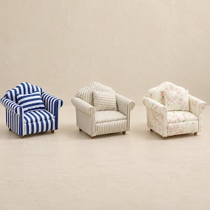 1:12 Scale Dollhouse Armchair, Miniature Upholstered Chair, Living Room Furniture, 15 Fabric Styles
