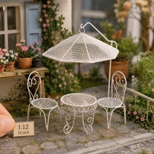 1:12 Scale White Wrought Iron Dollhouse Garden Furniture Set, Table, Chairs, Parasol