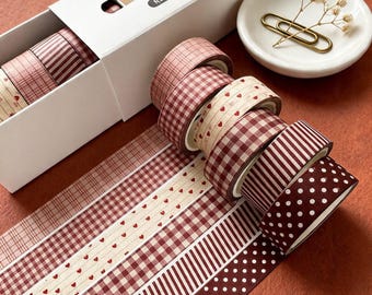 6 Rolls Red Plaid, Heart, Polka Dot Washi Tape Set, Vintage Decor Paper Tape for Scrapbooking, Journals, Planners, Gift Wrapping, DIY Crafts