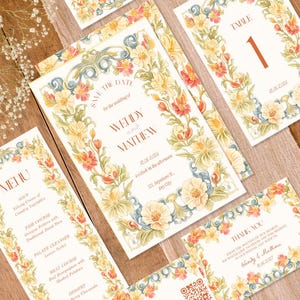 Puede incluir: Un conjunto de papelería de boda que incluye un Save the Date, menú, número de mesa, tarjeta RSVP con código QR y tarjeta de agradecimiento. Cada pieza muestra un borde floral con flores amarillas, naranjas y azules sobre cartulina blanca.
