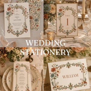 Pode incluir: Uma coleção de artigos de papelaria para casamento em papel creme com bordas florais ornamentadas em tons suaves de vermelho, azul e verde. O conjunto inclui um convite de casamento, um número de mesa, um menu e um cartão com o nome William.