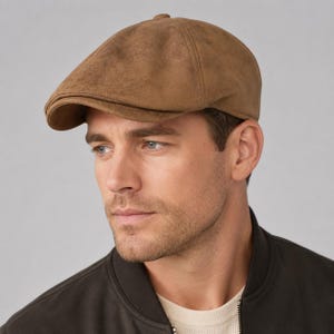 Può includere: Un berretto piatto marrone con una consistenza morbida simile al camoscio. Il cappello presenta una corona arrotondata, una visiera corta e rigida e pannelli cuciti visibili sulla parte superiore. Il design è semplice, strutturato e solido.