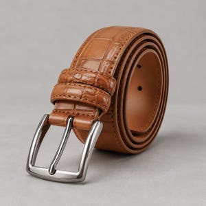 Op de afbeelding: Een lichtbruine riem met een gestructureerd krokodillenpatroon en een gepolijste zilverkleurige metalen gesp. De riem is opgerold in een cirkelvorm, waarbij de gladde binnenvoering en het mechanisme van de rechthoekige gesp zichtbaar zijn.