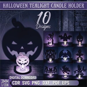 Halloween shadow candle holders with front pumpkin face pack Svg, dxf, Ai, Crd, Pdf, eps files for Glowforge| lightburn 2mm 3mm thickness
