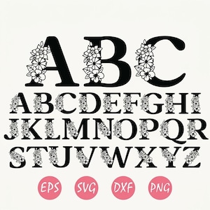 May include: A digital alphabet set featuring black uppercase letters from A to Z, each decorated with a floral pattern. Below the letters, four pink circles contain the white text labels EPS, SVG, DXF, and PNG, indicating file formats.