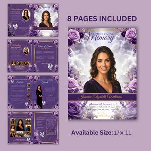 May include: An 8-page memorial service program template featuring a purple and gold floral design with white roses and clouds. The cover displays the text In Loving Memory, Jasmine Elizabeth Williams, and service details. Available size: 17x11 inches.