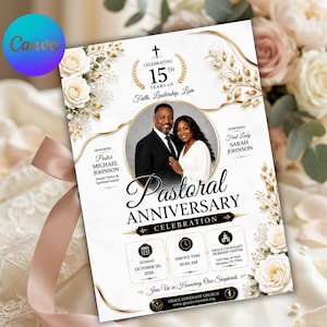 May include: A rectangular flyer for a 15th pastoral anniversary celebration featuring a central circular photograph of a man in a suit and a woman in a white dress. The design includes white roses, gold leaf accents, and text detailing the event.