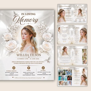 Può includere: Un modello di programma funebre con il ritratto di una giovane persona con capelli intrecciati, circondato da rose bianche e colombe. Il testo riporta In Loving Memory, Willia Eilson, date e dettagli del servizio. Include più pagine.
