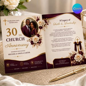 May include: A folded 30th church anniversary program featuring a photo of two pastors, floral accents in burgundy and cream, and gold text. The program includes the title A Legacy of Faith & Leadership, event details, and a cross illustration.
