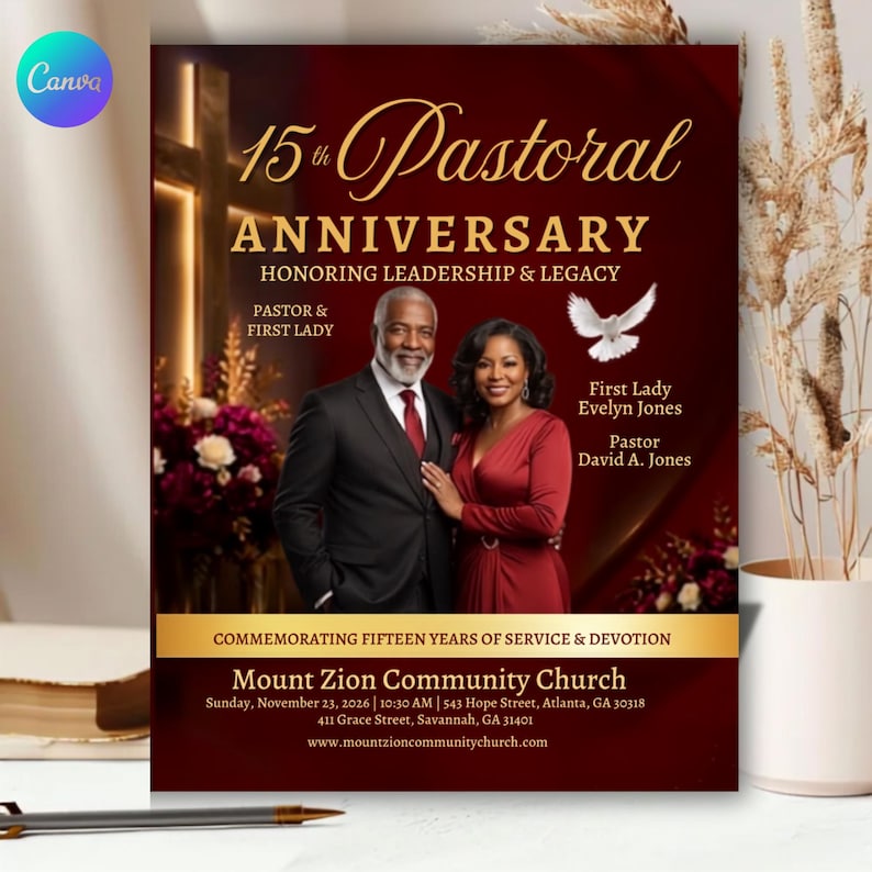 Pastoral Anniversary Program Template | Editable Canva Church Program ...