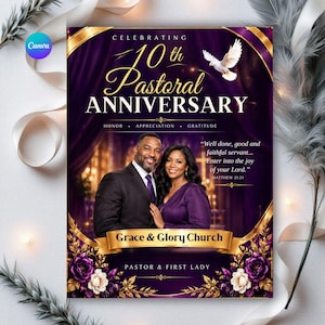 Puede incluir: Un folleto rectangular para un 10º aniversario pastoral con fondo morado, detalles dorados, una paloma blanca y la foto de una pareja. El texto incluye "Celebrating 10th Pastoral Anniversary", "Grace & Glory Church" y una cita bíblica.
