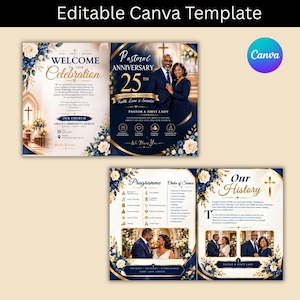 Könnte beinhalten: Eine bearbeitbare Canva-Vorlage für ein pastorales Jubiläumsprogramm in Marineblau und Gold mit floralen Akzenten. Das Design enthält Texte wie Welcome to Our Celebration, Pastoral Anniversary 25th, Programme und Our History sowie Fotografien eines Paares.