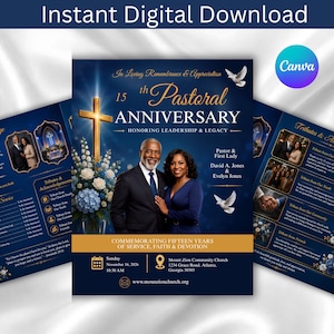 Könnte beinhalten: Ein digitaler Flyer für ein 15-jähriges Pastor-Jubiläum mit einem goldenen Kreuz, weißen Blumen und zwei Tauben. Der Text lautet 15th Pastoral Anniversary, Honoring Leadership & Legacy, Pastor & First Lady David A. Jones & Evelyn Jones.
