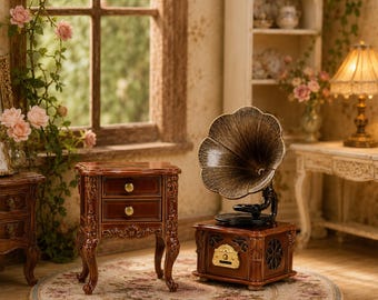1:12 Vintage Gramophone & Double Drawer Cabinet Set, Mini European Dollhouse Living Room Furniture