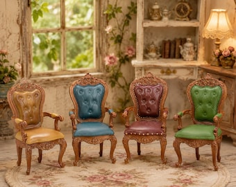 Miniature Rococo Armchair Ottoman Set, Carved Resin Dollhouse Furniture (1/12 Scale)