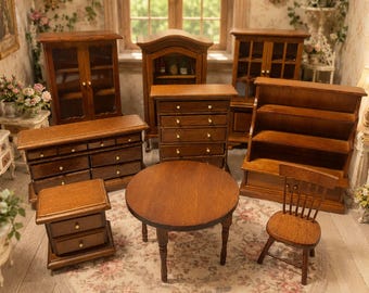21 Models Dollhouse Miniature Wooden Furniture, 1:12 Vintage Bookcase Cabinet Table Chair Set, Mini Room Decor