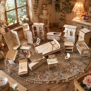 May include: A collection of miniature wooden dollhouse furniture pieces including a bed, wardrobe, kitchen unit, shower stall, crib, chairs, tables, and a toilet. Each item is constructed from light-colored plywood with visible laser-cut details.