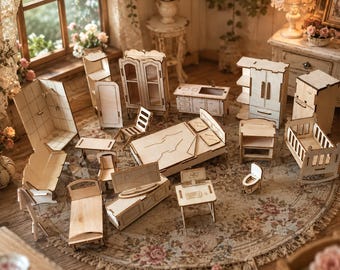 DIY Miniature Wooden Furniture Kit, Dollhouse Room Box Decor, Laser Cut Bed Chair Table