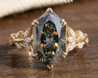 Anillo y alianza de moissanita gris hexagonal alargada de 2 quilates, engaste de seis garras en forma de marquesa con diseño de hojas y vid, propuesta de compromiso para esposa, anillo místico