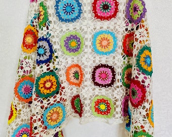 Crochet, rectangle shawl, Boho Gypsy Shawl, Hippie Patchwork Colorful shawl