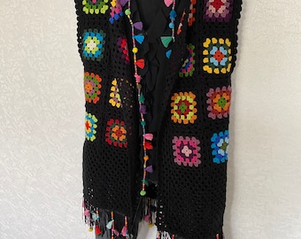 Granny Square Crochet Sweater Vest, Afghan Crop Coat, Knit Boho Sleeveless Cardigan,Handmade Vest