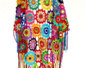 Colourful Crochet Shawl | Boho Gypsy Shawl | Hippie Patchwork | Colorful Gypsy Shawl | Handmade |100 cotton