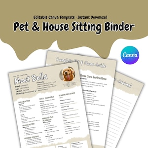 Op de afbeelding: Een digitaal sjabloon voor een huisdier- en oppasmap in een beige kleurenschema. De pagina's bevatten secties voor huisdierprofielen, dagelijkse routines, schema's, huisregels en verzorgingsinstructies, inclusief een foto van een hond.