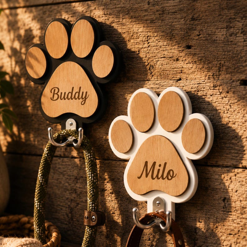 Op de afbeelding: Twee pootvormige wandhaken met licht houten inzetstukken. De linkerhaak heeft een zwarte basis met de naam Buddy gegraveerd, en de rechterhaak heeft een witte basis met de naam Milo gegraveerd. Elke haak heeft een dubbele metalen haak.