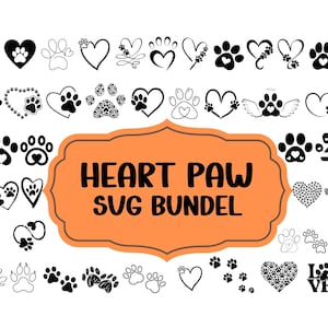Op de afbeelding: Een verzameling zwart-witte digitale grafische iconen met diverse pootafdrukken en hartvormen, gerangschikt rond een centraal oranje label met een decoratieve rand met de zwarte tekst HEART PAW SVG BUNDEL.