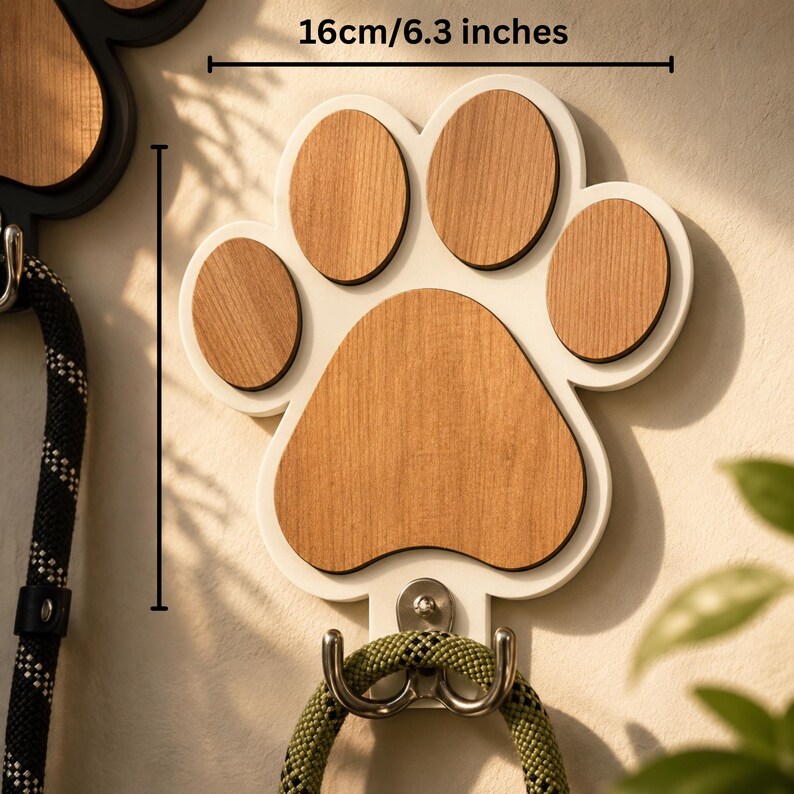 Op de afbeelding: Een wandhaak in de vorm van een pootafdruk met een wit frame en lichtbruine houten inzetstukken. De breedte is 16 cm. Aan de onderkant zit een zilverkleurige metalen dubbele haak met daaraan een groene gevlochten touwlijn.