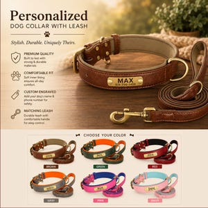 May include: A personalized dog collar and matching leash set featuring a brass nameplate engraved with the name MAX and a phone number. The collar has a brown leather exterior, a beige inner lining, and brass hardware. Six color options are shown.
