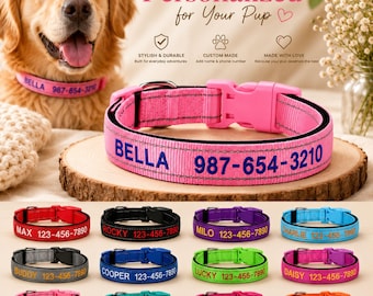 Personalized Dog Collar, Custom Embroidered Pet Collar with Name Phone Number, Reflective Adjustable Nylon Dog Collar