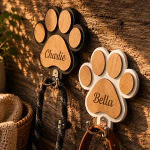 Personalized Dog Leash Holder, Custom Wooden Paw Print Wall Hook, Dog Leash Hanger, Dog Collar Holder, Dog Lover Gift, Pet Organizer afbeelding 4