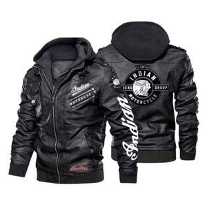 May include: A black faux leather jacket with a hood, featuring the text Indian Motorcycle on the chest and sleeve. The back displays a large circular logo with the text Indian Motorcycle Riders Group and a profile graphic of a person in a headdress.