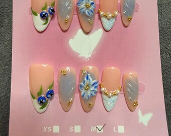 Blueberry Nails with floral and Aura