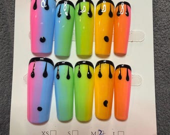 Multi color rainbow drip nails