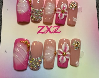 Pink Floral Press-On Nails with Bling (Medium Size Only)