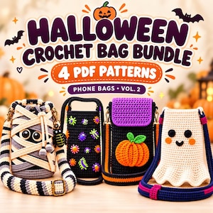 Set haakpatronen voor Halloween-tassen: 4 PDF-ontwerpen voor schoudertassen en telefoontassen.