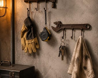 Vintage-Werkzeughaken für die Wand, Hammer- und Schraubenschlüsselhaken aus Gusseisen, rustikale Eingangsbereich-Deko, industrielle Garderobe, einzigartiges Geschenk zur Garagenorganisation