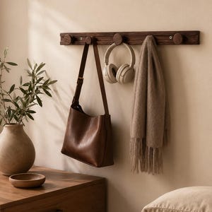 Könnte beinhalten: Eine dunkelbraune Wandgarderobe aus Holz mit fünf runden Haken. An der Garderobe hängen eine braune Lederschultertasche, ein beigefarbener Over-Ear-Kopfhörer sowie ein langer beigefarbener Schal mit Fransen an den einzelnen Holzhaken.