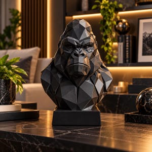 Puede incluir: Un busto de gorila geométrico en negro mate con un diseño facetado de estilo low-poly. La figura muestra una expresión facial seria con crestas supraorbitales definidas y una nariz ancha, montada sobre una base negra rectangular sólida.