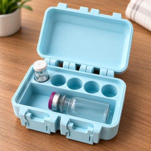 May include: A light blue rectangular storage case with a hinged lid, featuring a moulded interior with four circular slots and one rectangular compartment. One small glass vial with a white cap and one with a purple cap are inside the case.