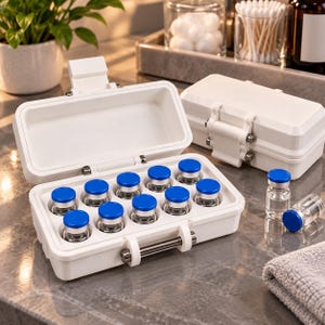 May include: A white rectangular storage case with a hinged lid and a metal latch, containing ten small clear glass vials with blue caps. One identical closed case sits nearby, along with two additional vials resting on the surface.