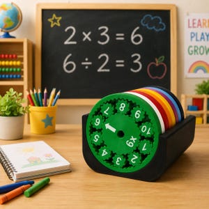 May include: A green plastic math learning tool with a rotating gear face featuring numbers 1 through 10 and a central arrow, set in a black base. The device includes a stack of colorful discs in red, orange, yellow, blue, and purple.