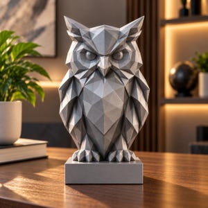 May include: A silver-coloured owl figurine featuring a geometric, faceted design. The owl has sharp, angular planes forming its head, wings, and body, and it stands on a rectangular base. The surface has a smooth, matte finish with light grey tones.