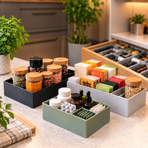 May include: Three rectangular storage organisers in black, light grey, and sage green. The black bin holds glass jars with wooden lids containing spices. The grey bin holds tea boxes and a jar. The green bin holds various bottles and medicine packets.