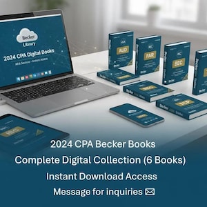 May include: A laptop displaying the Becker Library 2024 CPA Digital Books interface, accompanied by a tablet, a smartphone, and several physical books labeled AUD, FAR, BEC, and TCP. The screen text reads 2024 CPA Digital Books All 6 Sections.