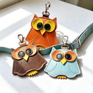 May include: Three owl-shaped leather keychains with metal lobster clasps. One is orange with yellow eyes, one is brown with tan eyes, and one is light blue with tan eyes. Each features black pupils, a yellow beak, and a light blue leather strap.
