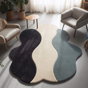 Modern Abstract Irregular Shaped Area Rug with Color-Blocked Wave Design in Charcoal, Cream, and Sage Green